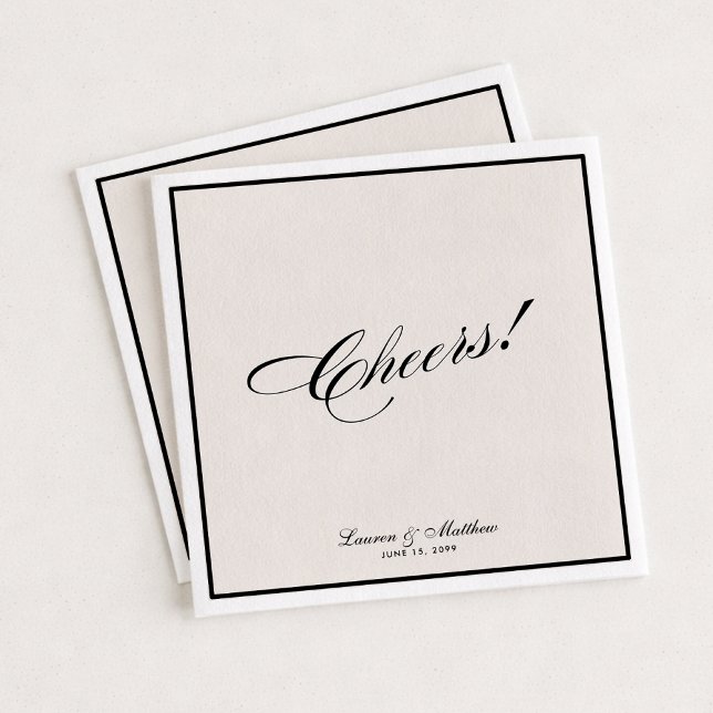 Modern Ivory Black Border  Cheers! Wedding  Napkin (Creator Uploaded)
