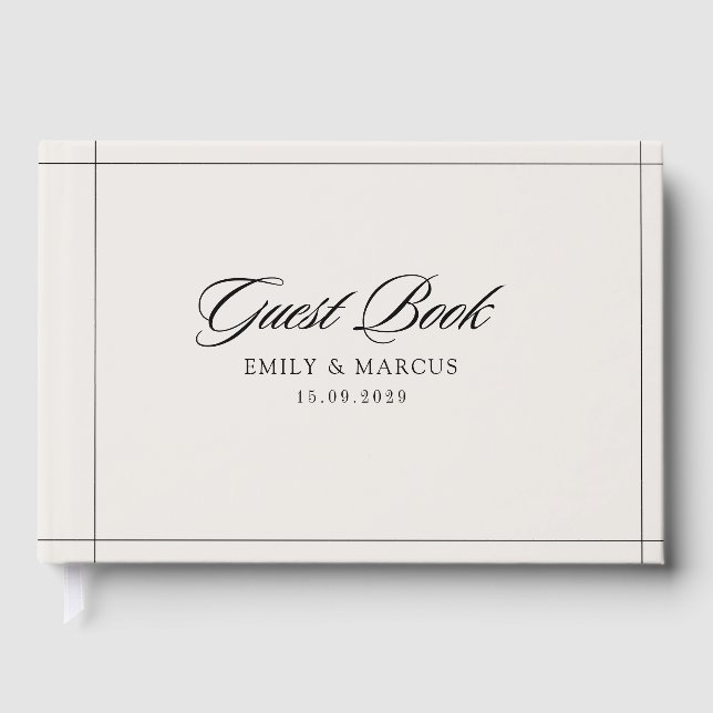 Modern ivory, black border wedding guest book (Front)