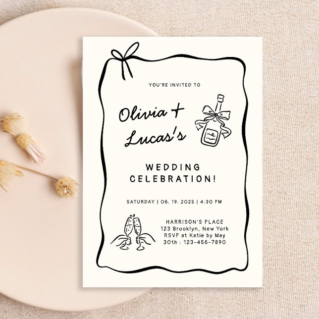 Modern Ivory & Black Hand-Drawn Wedding  Invitation (Creator Uploaded)
