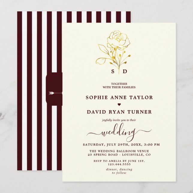 Modern Ivory Deep Burgundy Monogram Wedding Invitation (Front/Back)