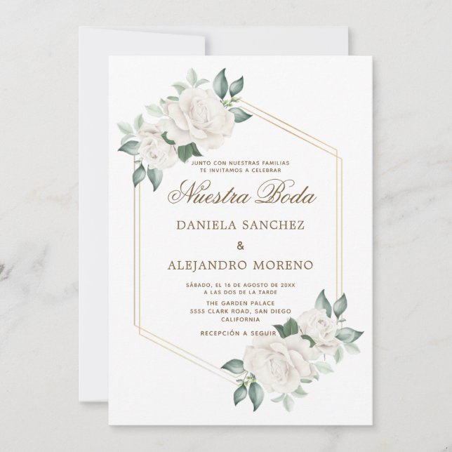 Modern Ivory Floral Nuestra Boda Spanish Wedding Invitation (Front)