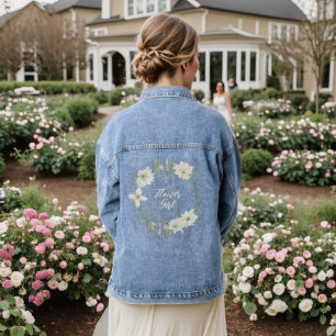 Modern Ivory Floral Script Flower Girl Denim Jacket