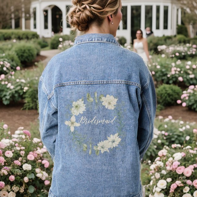 Modern Ivory Floral Script Personalised Bridesmaid Denim Jacket (Personalized Bridesmaid Denim Jean Jacket, Bachelorette Party Favors, Wedding Day Bridal Party Gifts)