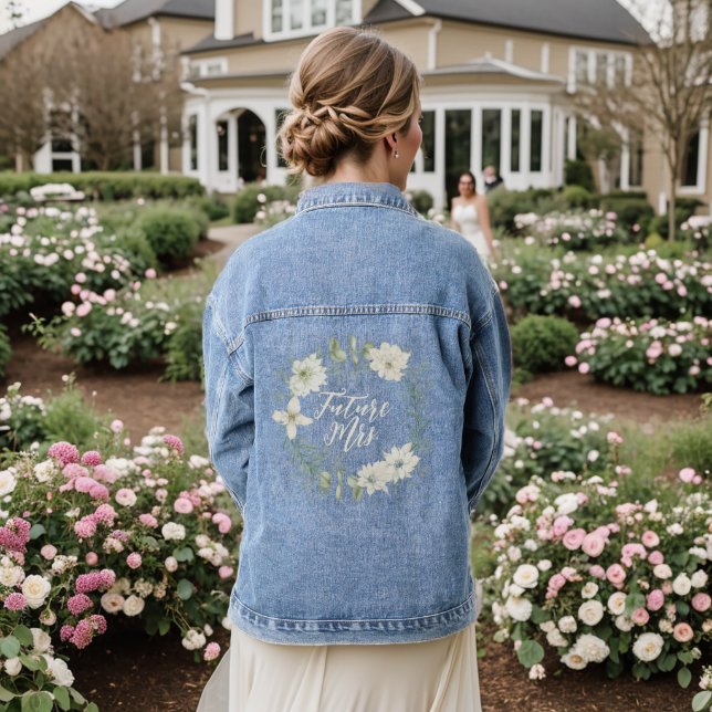 Modern Ivory Floral Script Personalised Future Mrs Denim Jacket (Wedding Back)