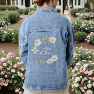 Modern Ivory Floral Wreath Script Maid of Honour Denim Jacket