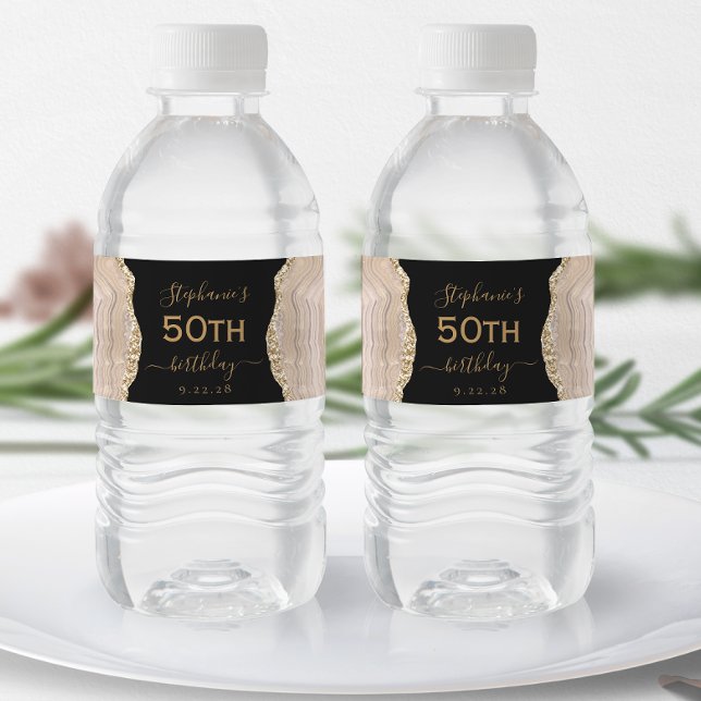 Modern Ivory Gold Agate Dark 50th Birthday Water Bottle Label (Creator Uploaded)
