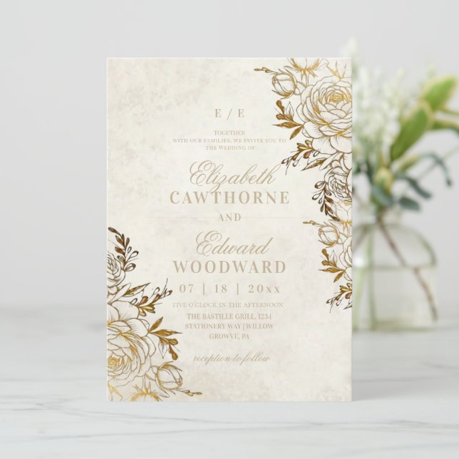 Modern Ivory & Gold ⎮Rose Elegant Wedding Invitation (Standing Front)