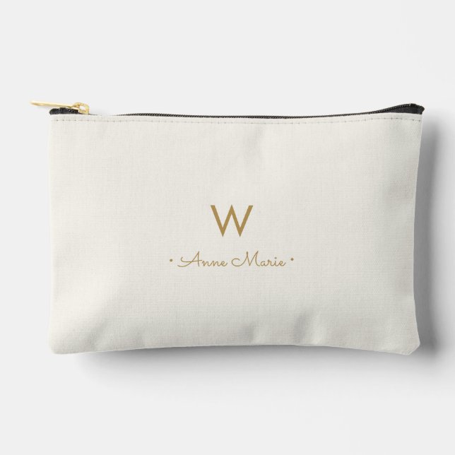 Modern Ivory Gold Script Monogram Accessory Pouch (Front)