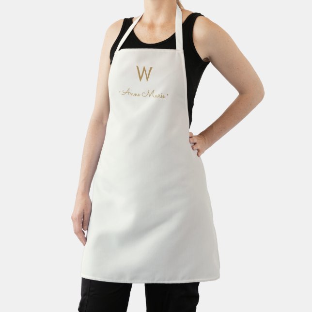 Modern Ivory Gold Script Monogram Apron (Insitu)