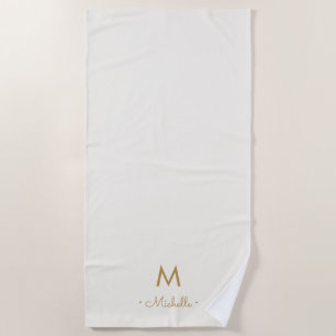 Modern Ivory Gold Script Monogram Beach Towel