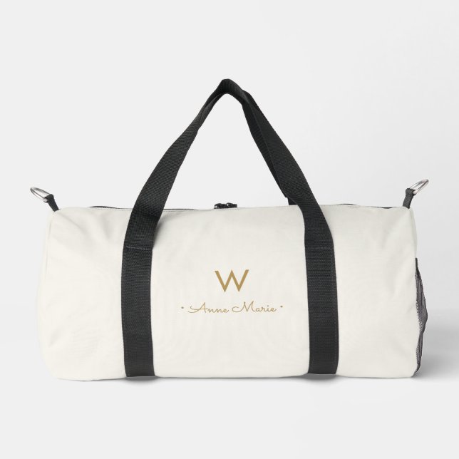 Modern Ivory Gold Script Monogram Duffle Bag (Front)
