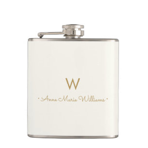 Modern Ivory Gold Script Monogram Hip Flask