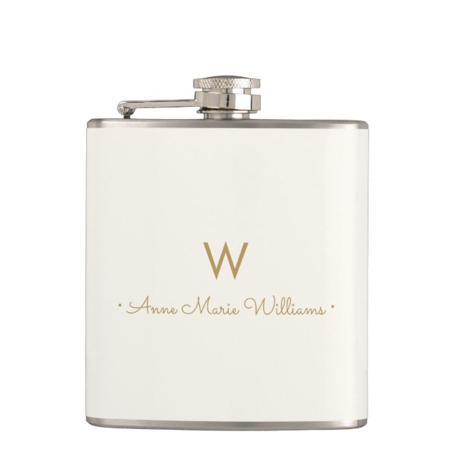 Modern Ivory Gold Script Monogram Hip Flask (Front)