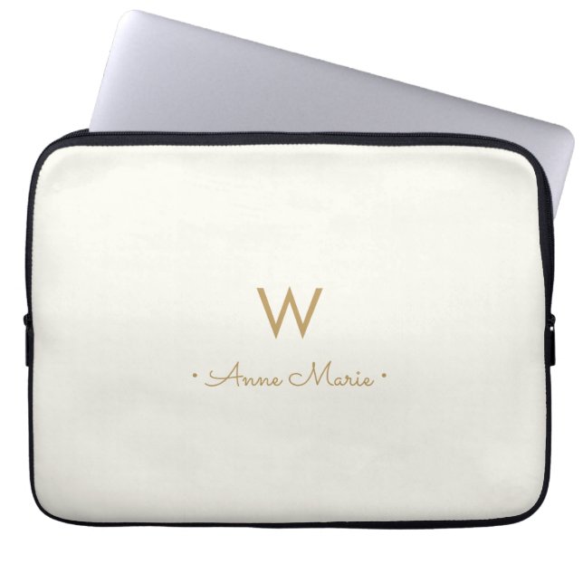 Modern Ivory Gold Script Monogram Laptop Sleeve (Front)