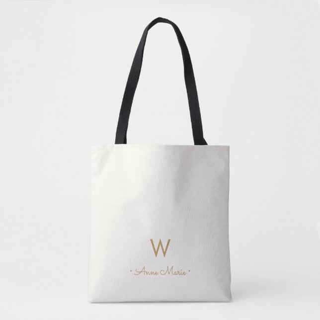 Modern Ivory Gold Script Monogram Tote Bag (Front)