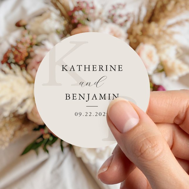 Modern Ivory Monogram Minimalist Wedding Classic Round Sticker (Creator Uploaded)