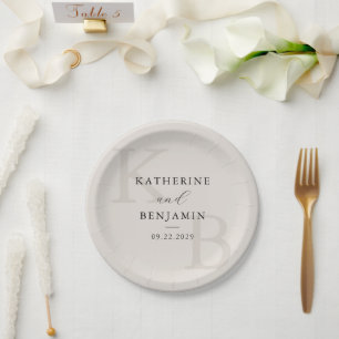 Modern Ivory Monogram Minimalist Wedding Paper Plate