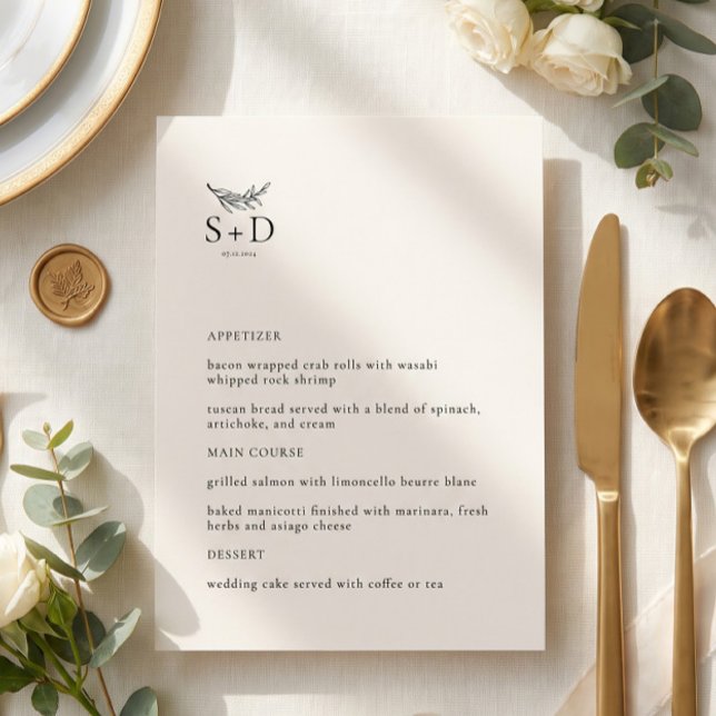 Modern Ivory Monogrammed Wedding Menu (Creator Uploaded)