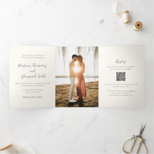 Modern Ivory QR Code Simple Wedding Tri-Fold Invitation