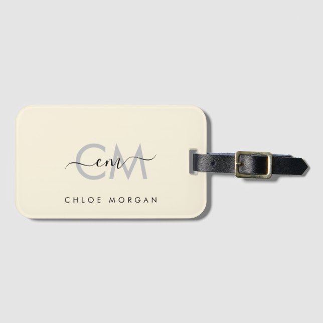 Modern ivory script signature monogram luggage tag (Front Horizontal)