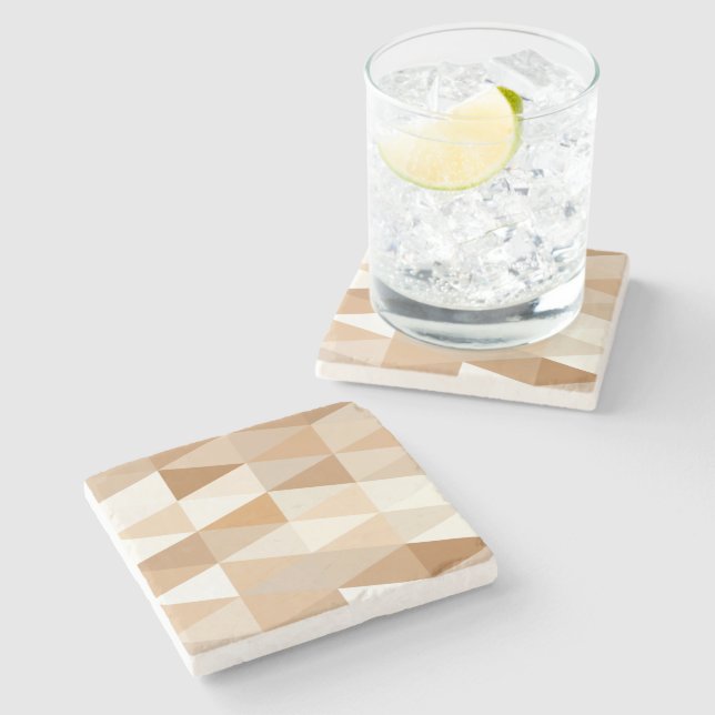 Modern Ivory Taupe Grey Tan Brown Triangle Pattern Stone Coaster (Side)
