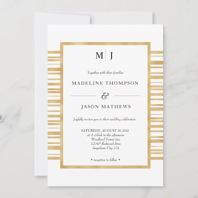 Modern Ivory White Gold Stripes Border Wedding Invitation (Front)