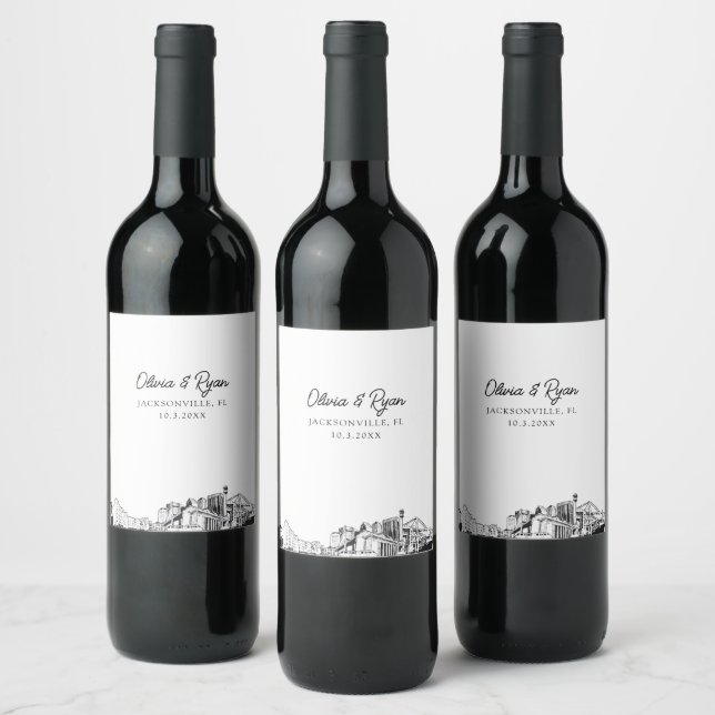Modern Jacksonville Sketch Wedding Custom Wine Label (Bottles)