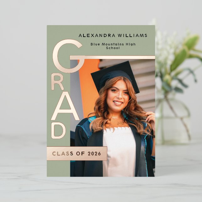 Modern Jade Graduation Announcement Rose Gold foil (Standing Front)