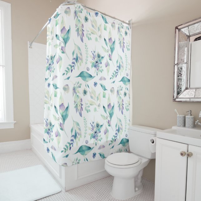 Modern jade green lavender watercolor floral shower curtain (In Situ)