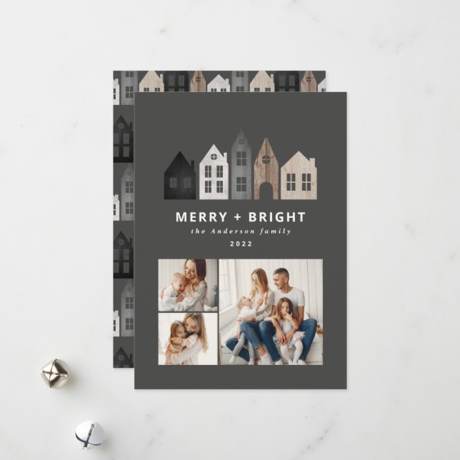 Modern Japan Christmas Nordic houses 3 photo chic  Holiday Card (Front/Back In Situ)