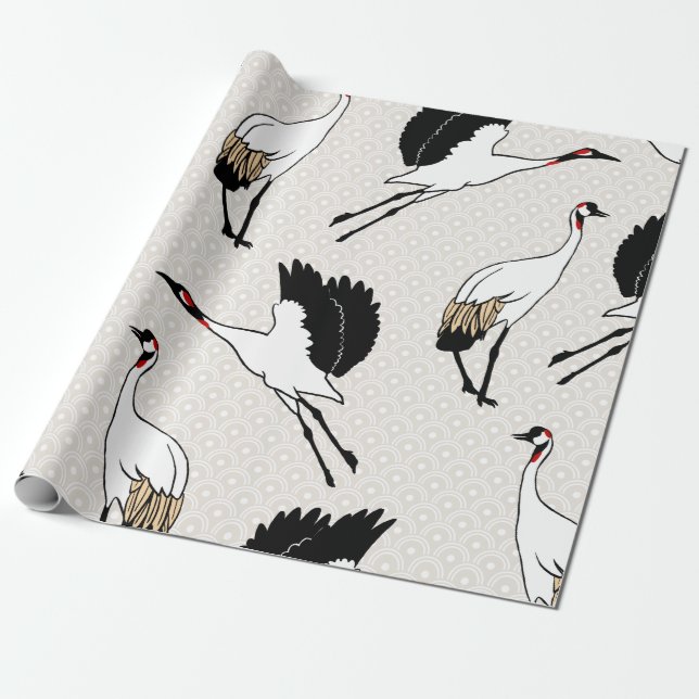Modern Japanese Cranes & Taupe Scallops Wrapping Paper (Unrolled)