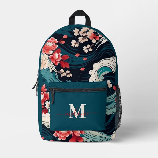 Modern Japanese Sakura Custom Monogram Name Printed Backpack (Front)