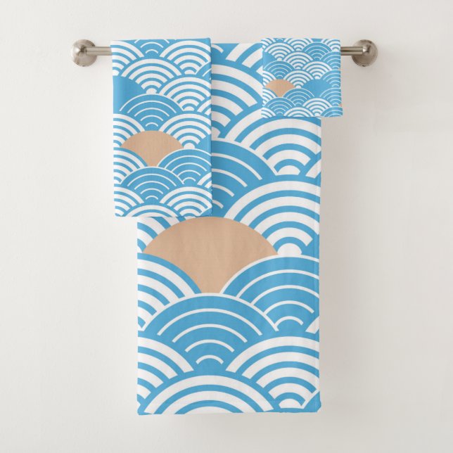 Modern Japanese Seigaiha Waves & Rising Sun  Bath Towel Set (Insitu)
