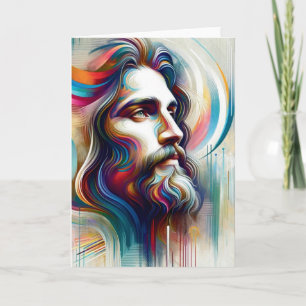 Modern Jesus Portrait Colourful Swirls and Halo Card