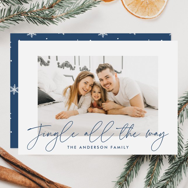 Modern Jingle All The Way Blue Script Photo Holiday Card (Creator Uploaded)