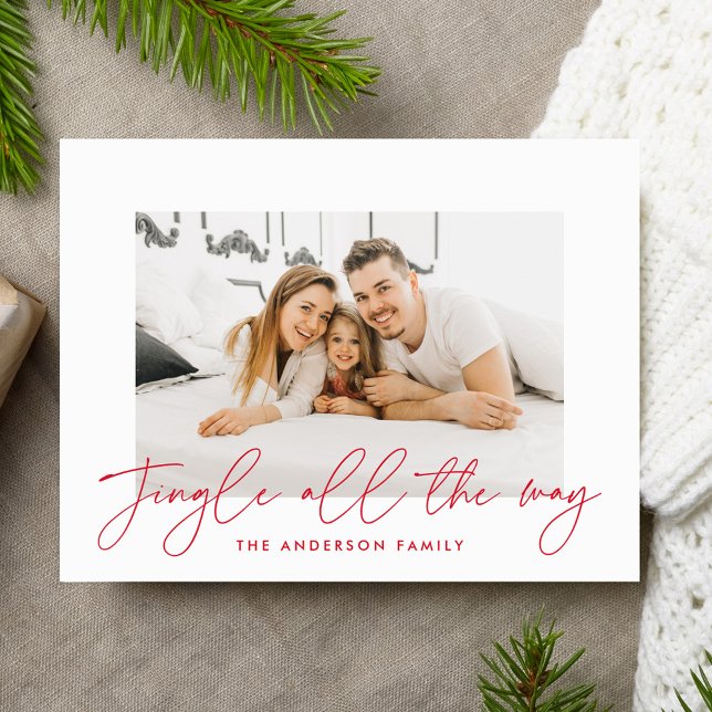Modern Jingle All The Way Red Script Photo Holiday Postcard (Creator Uploaded)