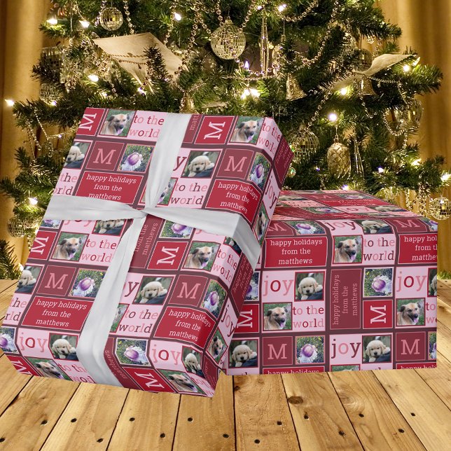 Modern JOY Chic Burgundy Red Pink 3 Photo Collage Wrapping Paper (Creator Uploaded)