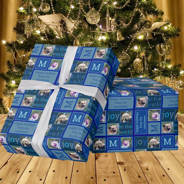 Modern JOY Chic Cool Dark Blue 3 Photo Collage Wrapping Paper (Creator Uploaded)