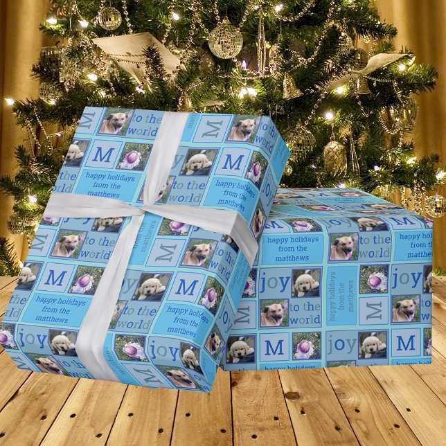 Modern JOY Chic Icy Light Blue 3 Photo Collage Wrapping Paper (Creator Uploaded)