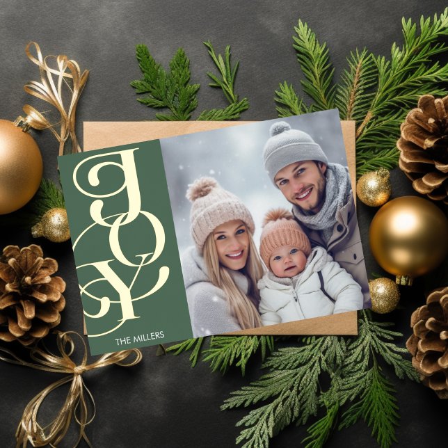 Modern Joy Elegant Typography Green Minimal Photo Foil Holiday Postcard (Modern Joy Elegant Typography Green Minimal Photo Foil Holiday Postcard)