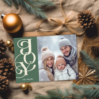 Modern Joy Elegant Typography Green Minimal Photo Holiday Card
