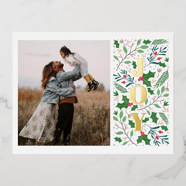 Modern JOY Holly Berries Photo  Foil Holiday Postcard (Front)