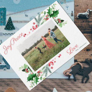 Modern   Joy Peace Love   Greenery Foliage Photo Holiday Card