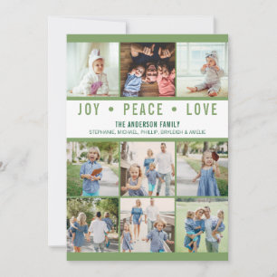 Modern Joy Peace Love Photo Collage Green Holiday Card