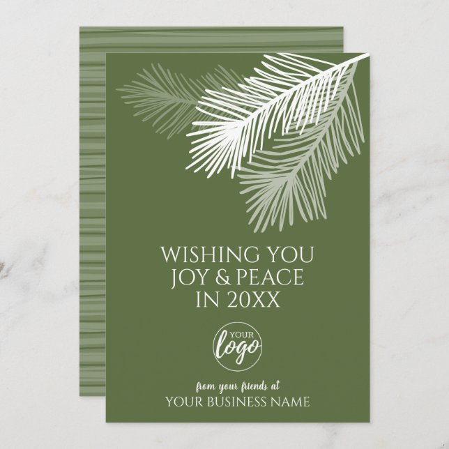 Modern Joy Peace Pine Branches Add LOGO - Business Holiday Card (Front/Back)