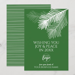 Modern Joy Peace Pine Branches Add LOGO - Business Holiday Card