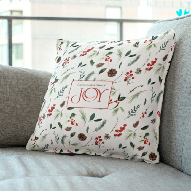 Modern Joy Red Berry Botanical Christmas Photo Cushion (Celebrate the spirit of Christmas with a cozy new pillow!)