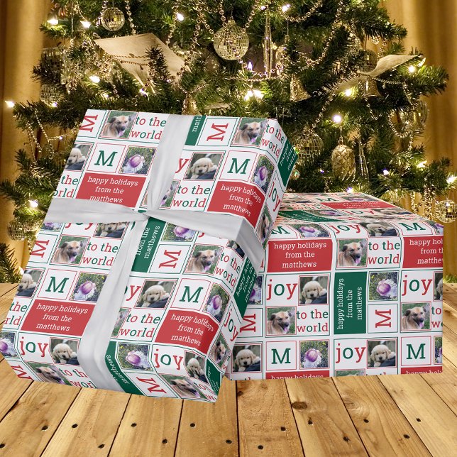 Modern JOY Red Green And White 3 Photo Collage Wrapping Paper (Creator Uploaded)