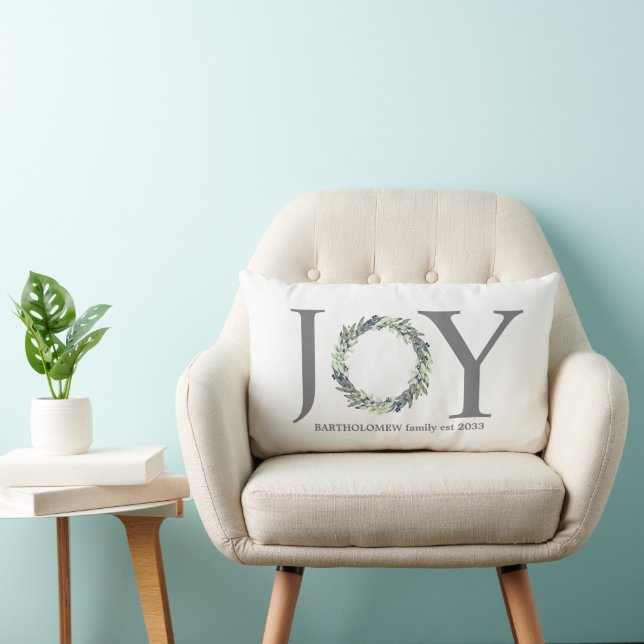 Modern Joy script custom greenery wreath holiday   Lumbar Cushion (Chair)