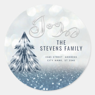 Modern joy sparkling Christmas tree glittery Classic Round Sticker
